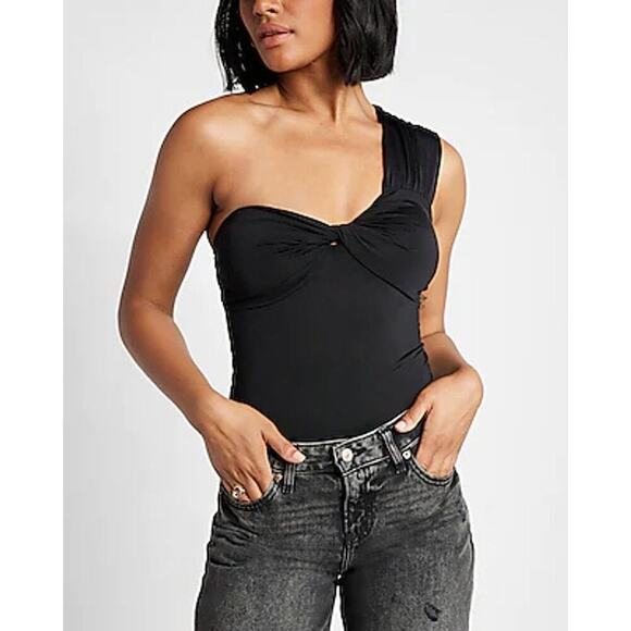 Express Medium Black One Shoulder Contour Compression Twist Front Bodysuit - Picture 1 of 7